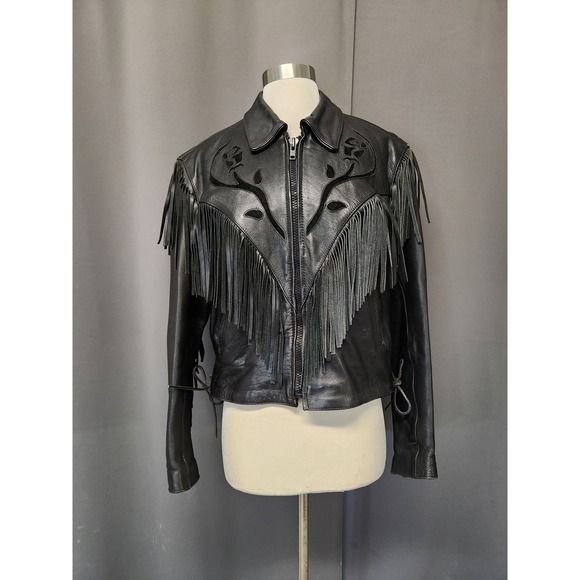 Wilsons Leather Jackets & Blazers - Vintage 90s Wilsons Leather Jacket Black Fringe Rose Floral Western Biker Large